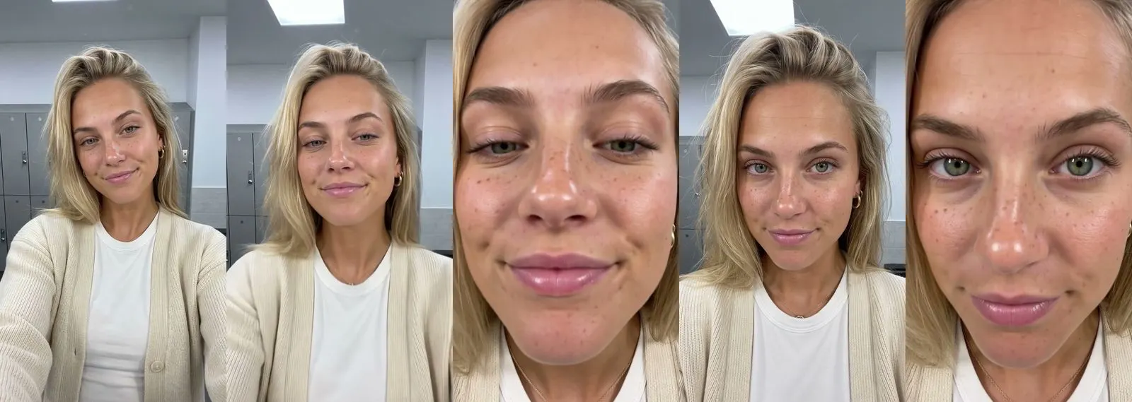 Five frames from the clip, left to right: Ava · Are you serious? · Gym locker room