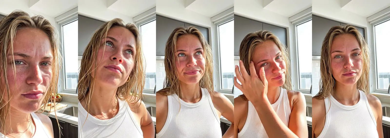 Five frames from the clip, left to right: Ava · Are you serious? · Kitchen counter
