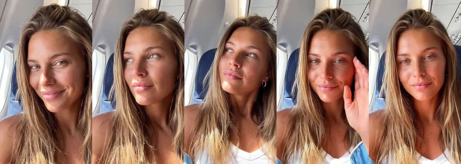 Five frames from the clip, left to right: Chloe · Are you serious? · Airplane seat