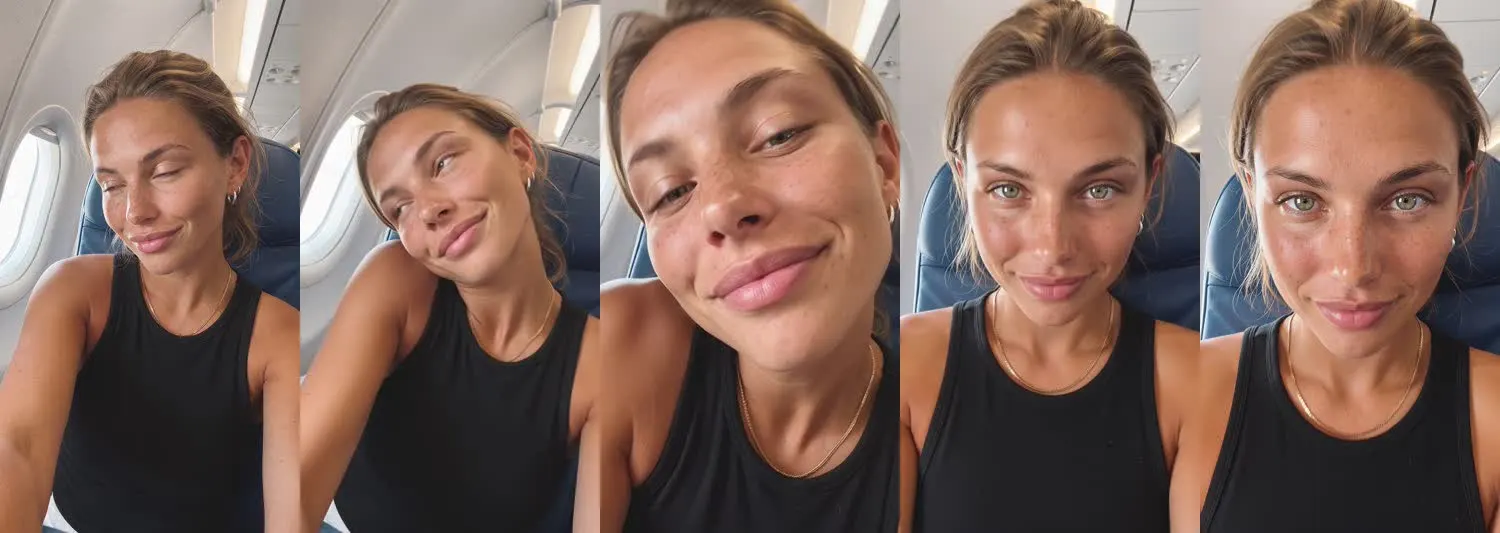 Five frames from the clip, left to right: Chloe · Are you serious? · Airplane seat