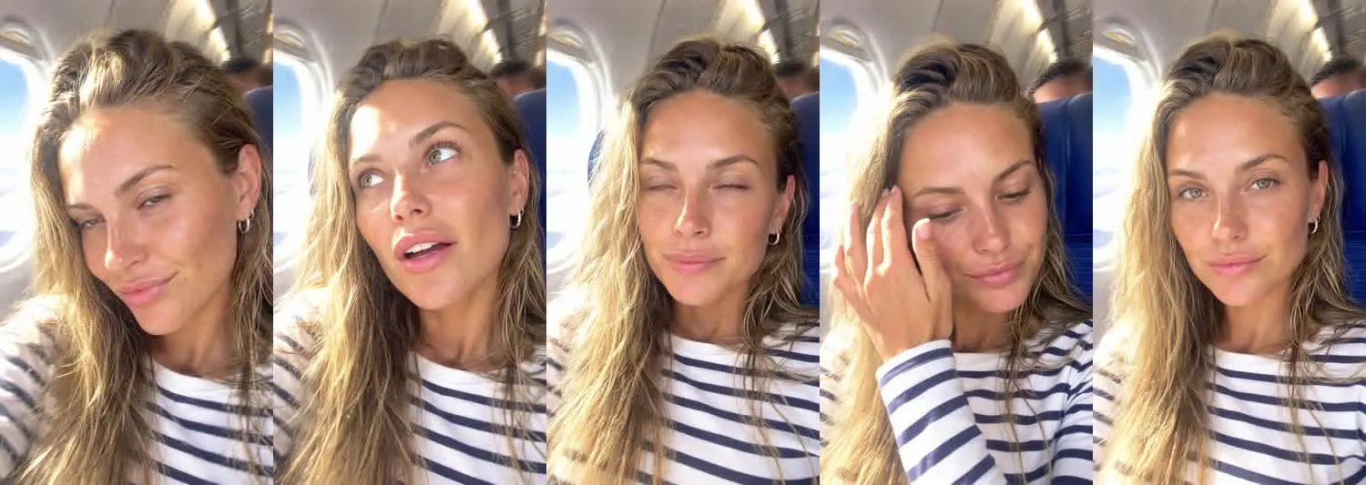 Five frames from the clip, left to right: Chloe · Are you serious? · Airplane seat