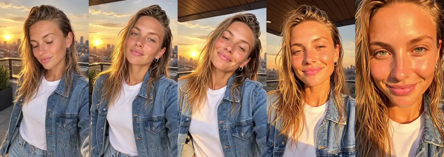 Five frames from the clip, left to right: Chloe · Are you serious? · Rooftop at sunset