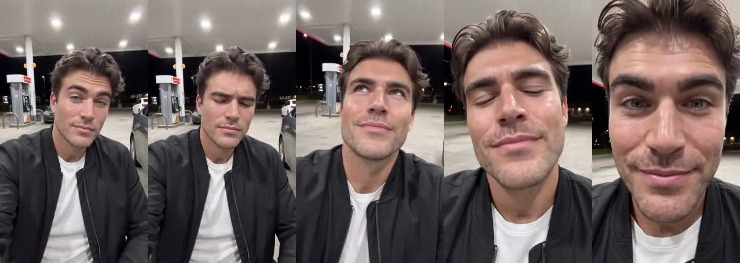Cinco frames del clip, de izquierda a derecha: Jake · ¿Es en serio? · Gasolinera de noche