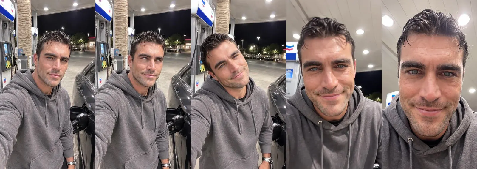 Cinco frames del clip, de izquierda a derecha: Jake · ¿Es en serio? · Gasolinera de noche