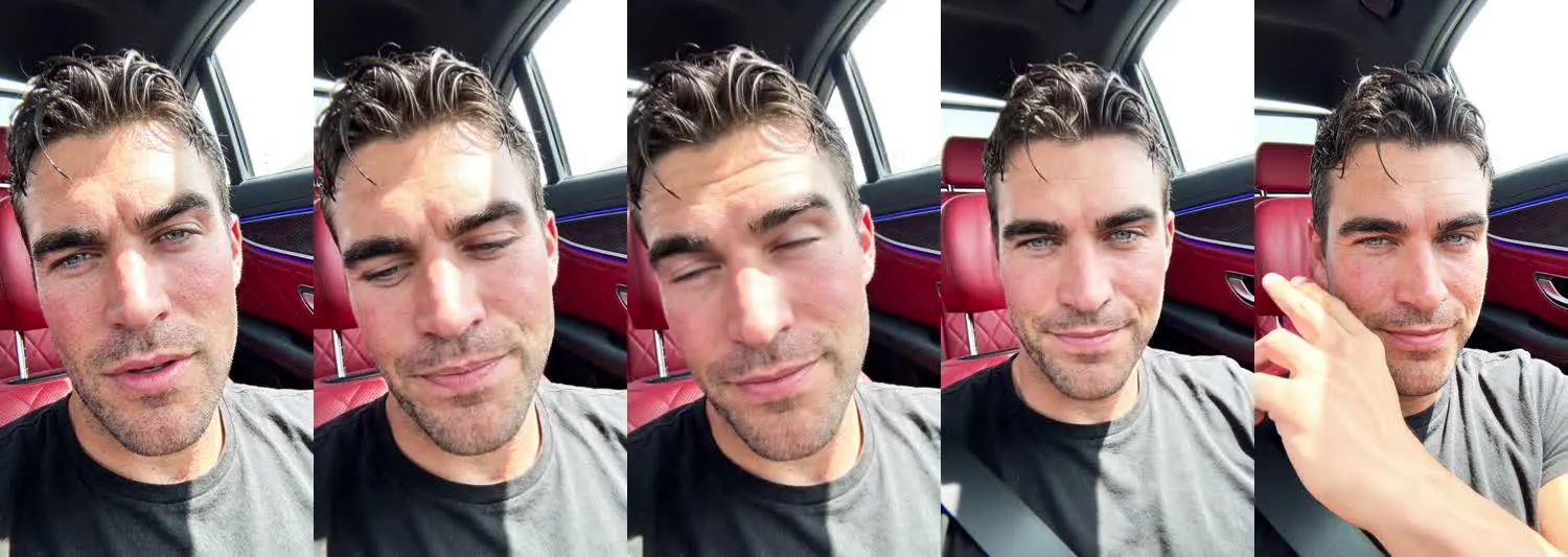 Five frames from the clip, left to right: Jake · Are you serious? · Luxury car interior