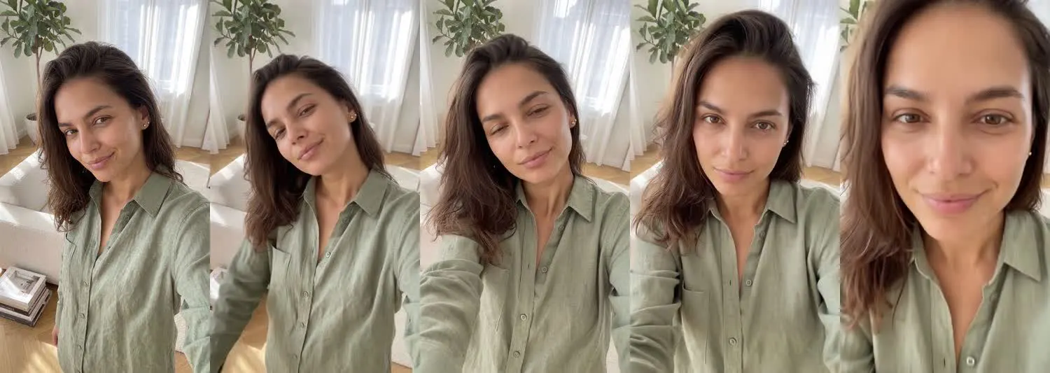 Five frames from the clip, left to right: Mia · Are you serious? · Sunlit living room