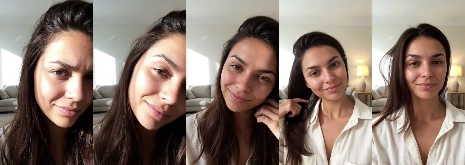 Five frames from the clip, left to right: Mia · Are you serious? · Sunlit living room