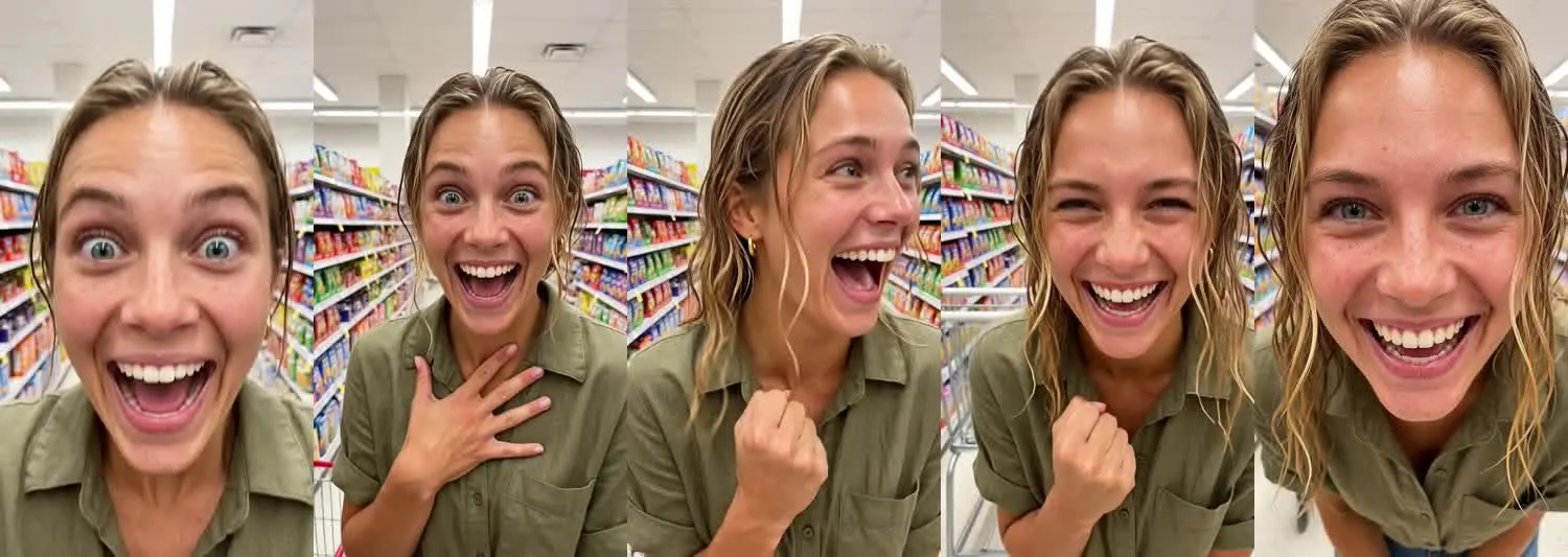 Five frames from the clip, left to right: Ava · No way! · Grocery aisle