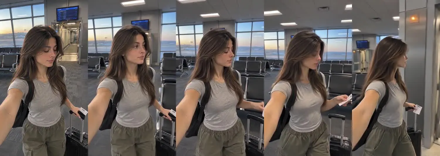 Five frames from the clip, left to right: Maya · one_take · dawn gate to jetbridge