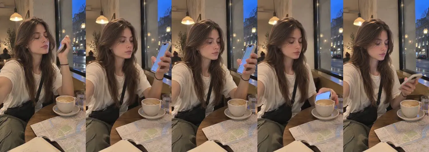 Five frames from the clip, left to right: Maya · one_take · evening cafe route