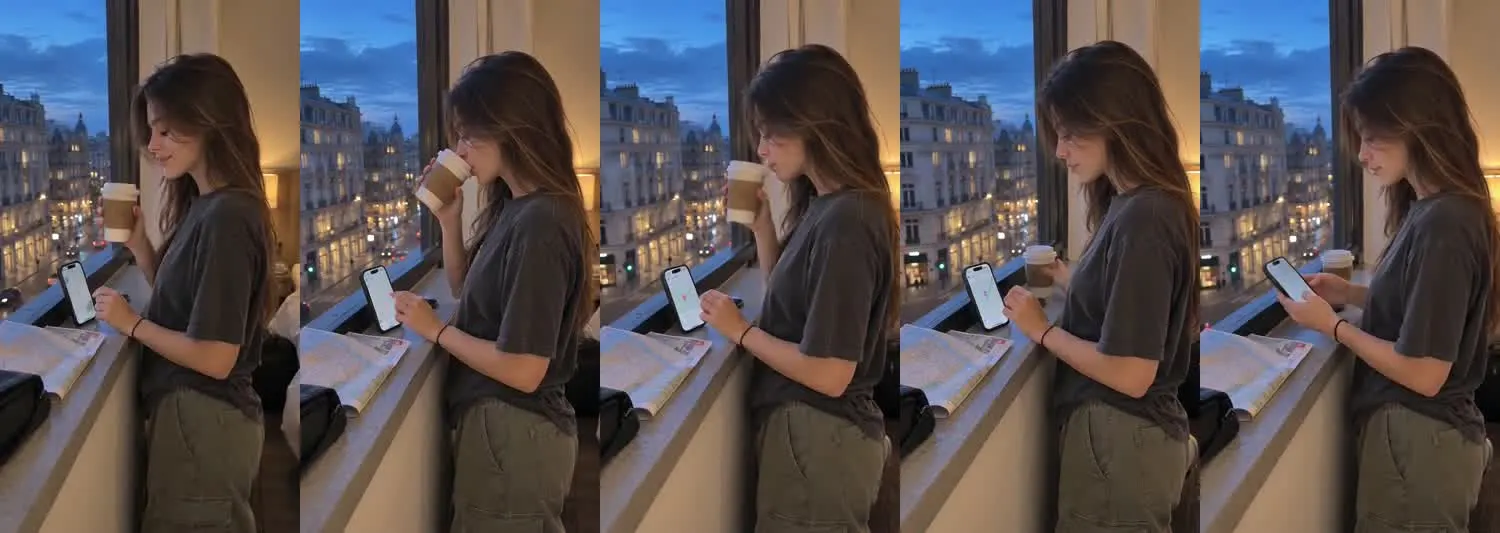 Five frames from the clip, left to right: Maya · one_take · evening hotel planning