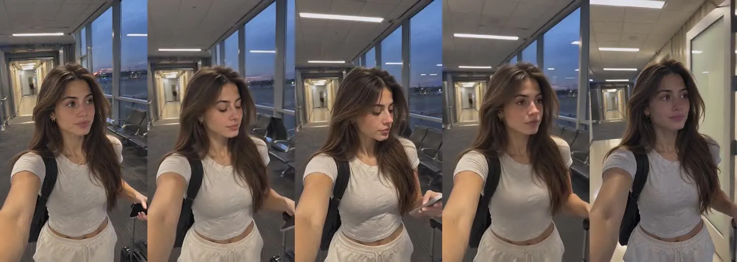Five frames from the clip, left to right: Maya · one_take · evening jetbridge boarding
