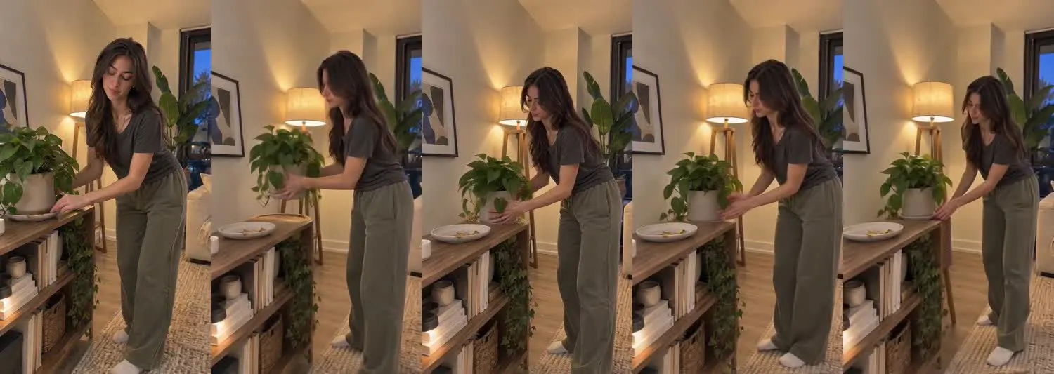Five frames from the clip, left to right: Iris · one_take · evening plant corner reset