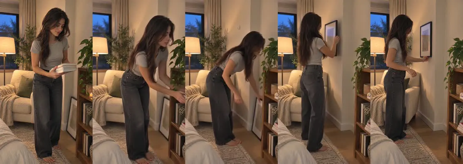 Five frames from the clip, left to right: Iris · one_take · evening reading nook restyle