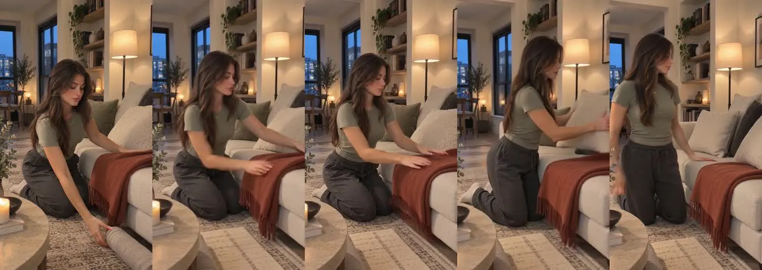 Five frames from the clip, left to right: Iris · one_take · evening textile reset
