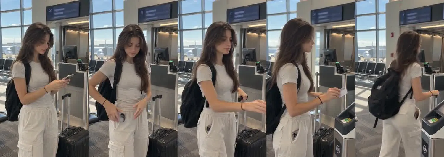 Five frames from the clip, left to right: Maya · one_take · gate scan and go