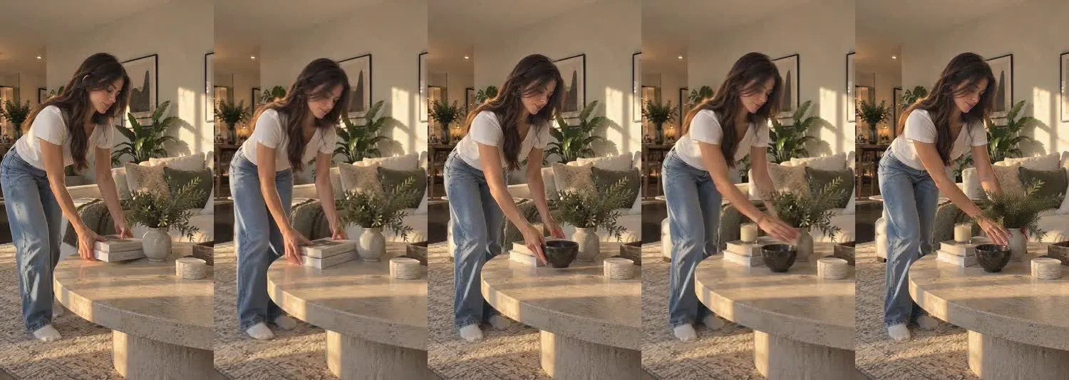 Five frames from the clip, left to right: Iris · one_take · golden hour coffee table edit