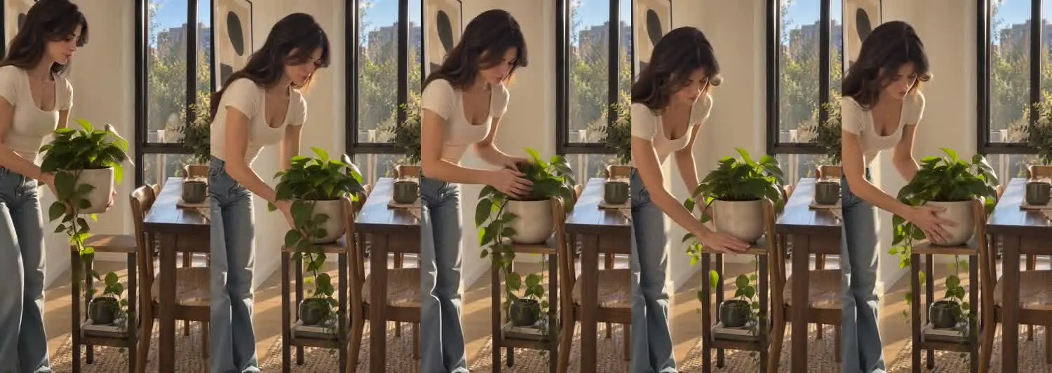 Five frames from the clip, left to right: Iris · one_take · golden hour dining plant move