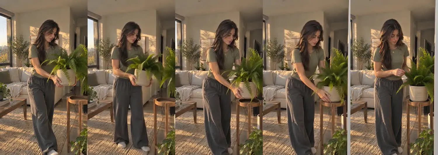 Five frames from the clip, left to right: Iris · one_take · golden hour fern window shift