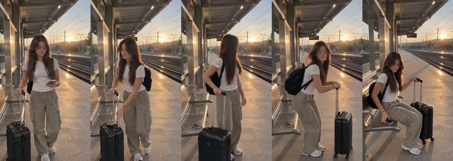 Five frames from the clip, left to right: Maya · one_take · golden hour platform wait