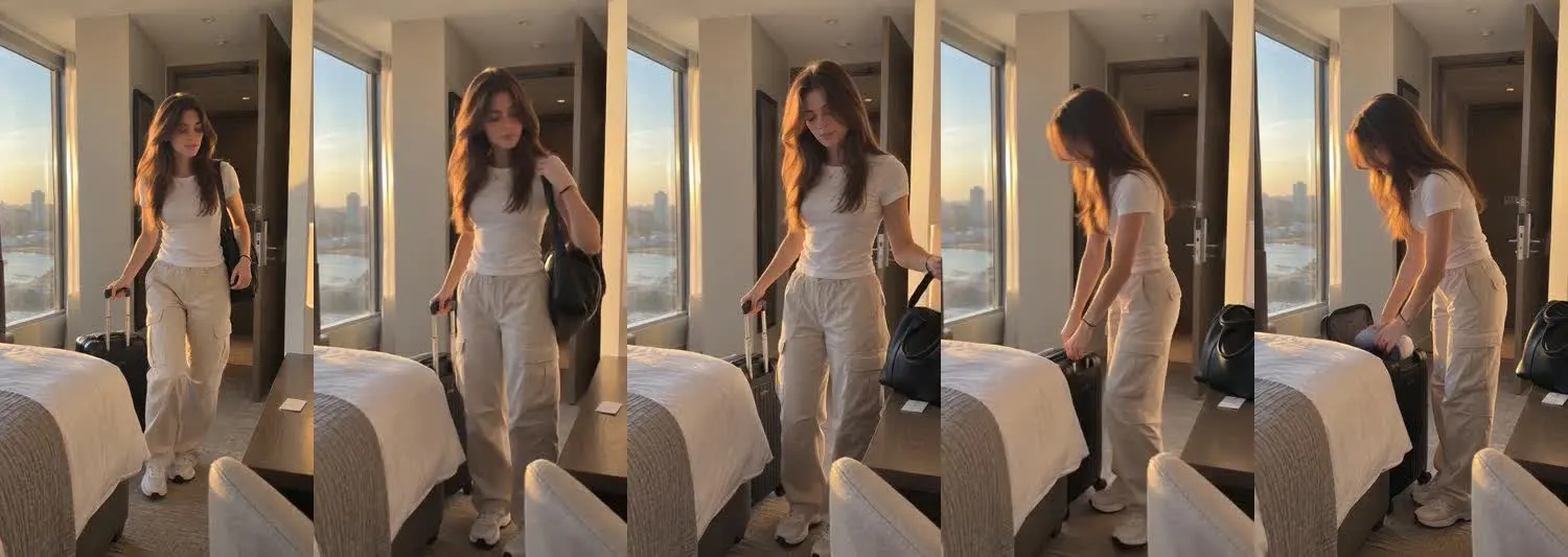 Five frames from the clip, left to right: Maya · one_take · golden hour room unpacked