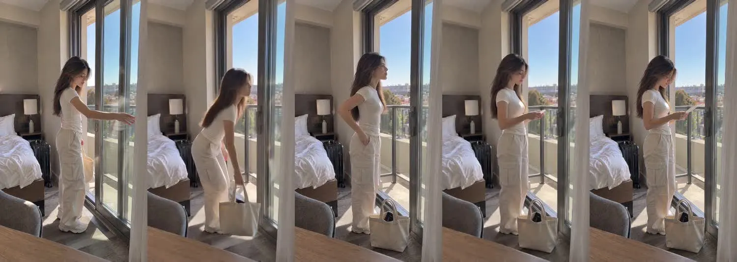 Five frames from the clip, left to right: Maya · one_take · hotel balcony arrival