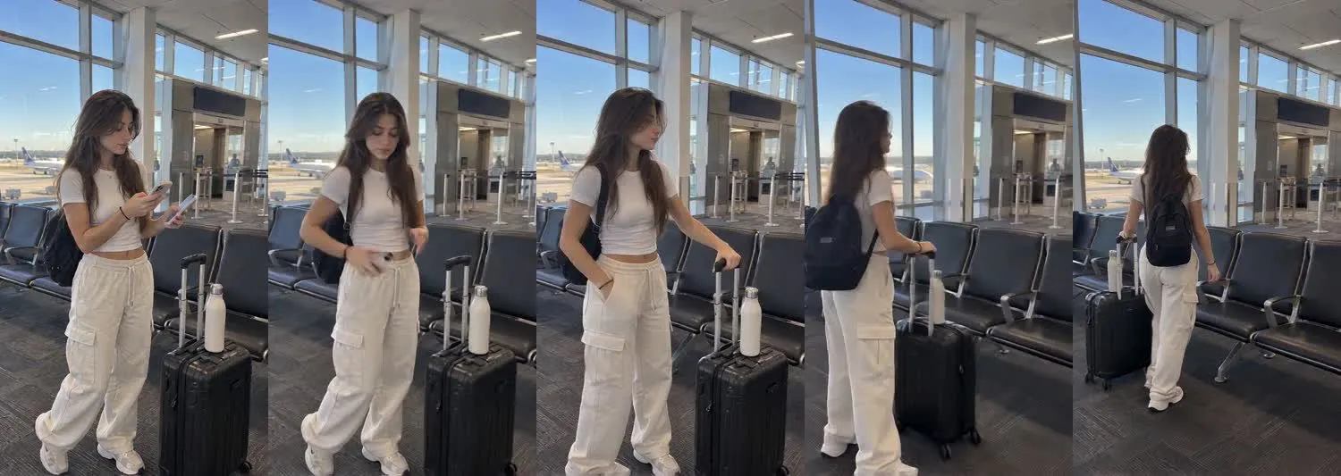 Five frames from the clip, left to right: Maya · one_take · late morning gate walk