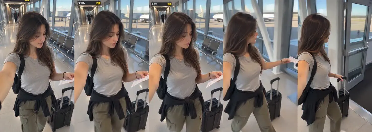 Five frames from the clip, left to right: Maya · one_take · late morning gate walk