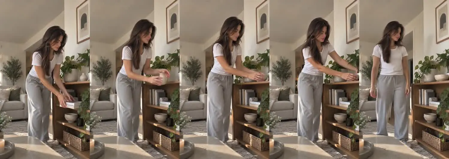 Five frames from the clip, left to right: Iris · one_take · morning bookshelf refresh