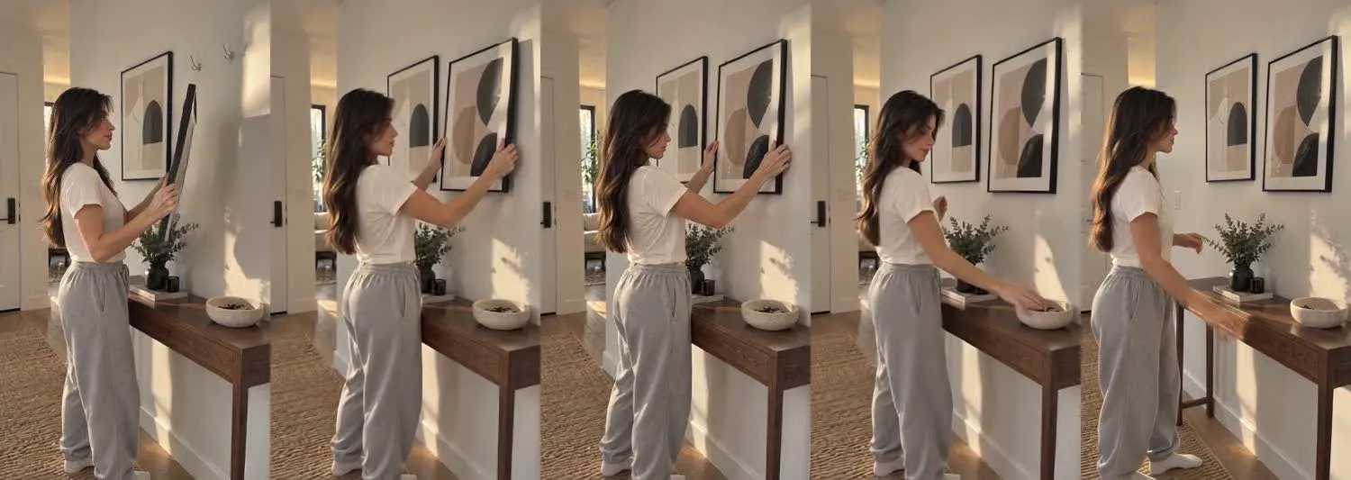 Five frames from the clip, left to right: Iris · one_take · morning print rehang