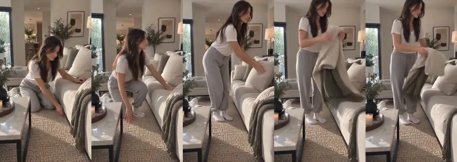 Five frames from the clip, left to right: Iris · one_take · morning rug and cushion refresh