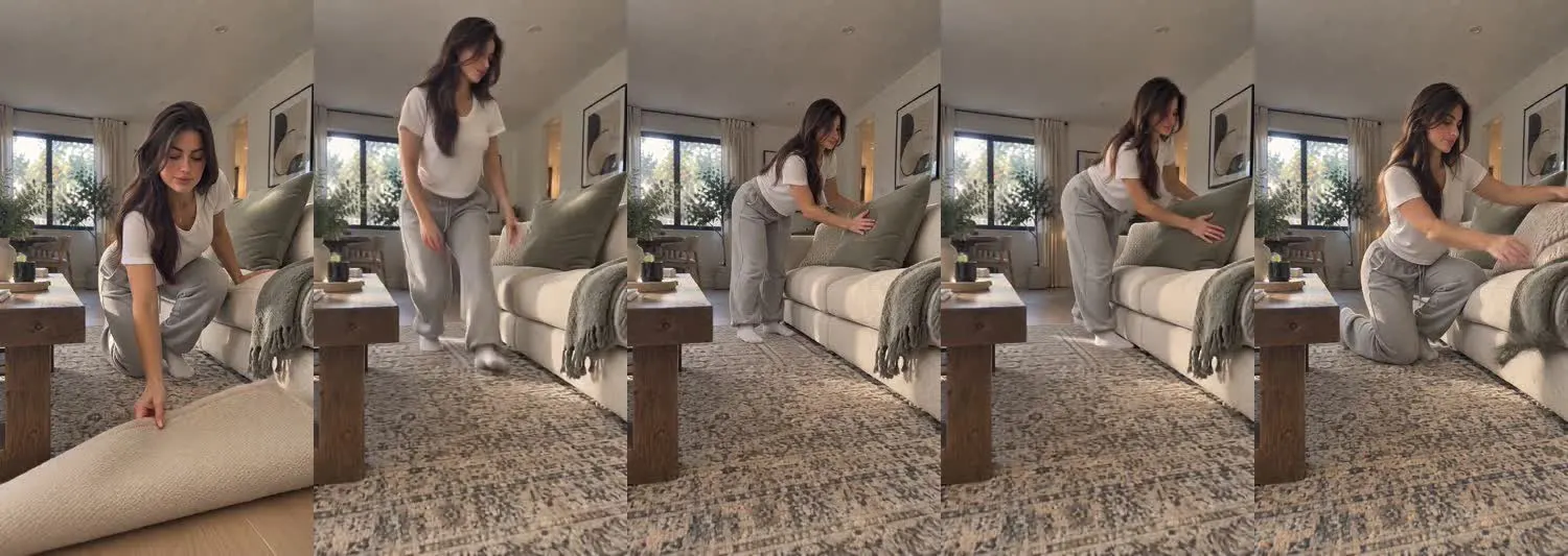 Five frames from the clip, left to right: Iris · one_take · morning rug and cushion refresh