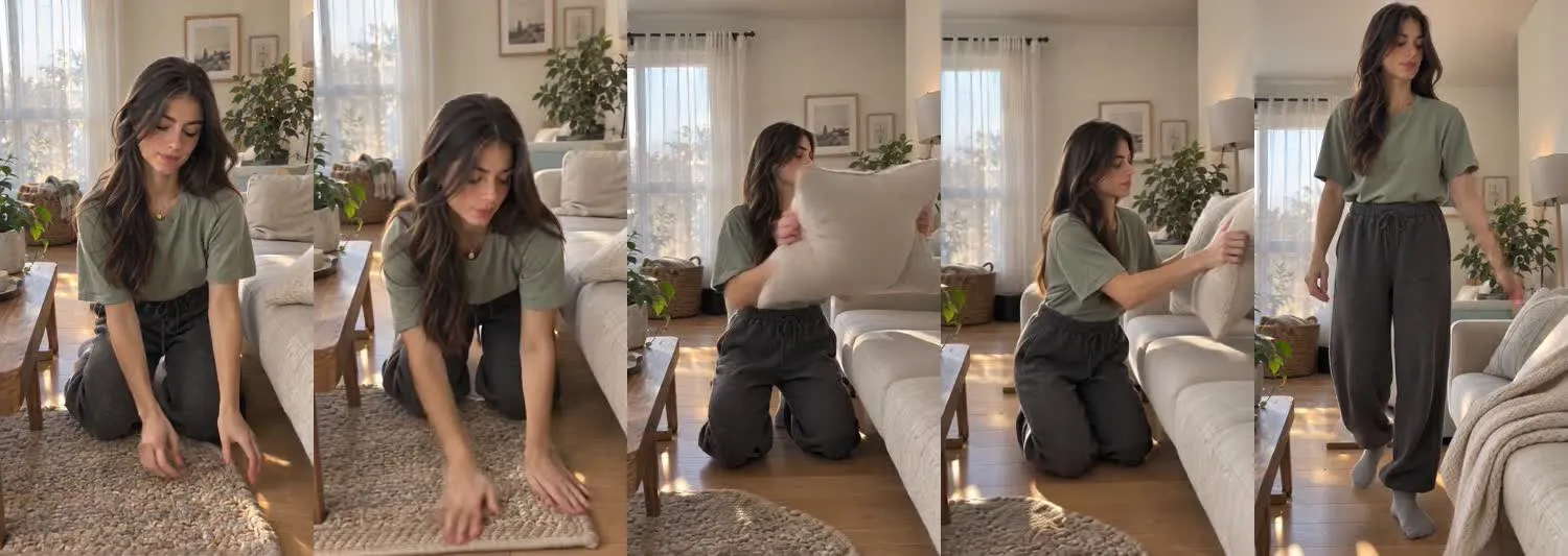 Five frames from the clip, left to right: Iris · one_take · morning rug refresh
