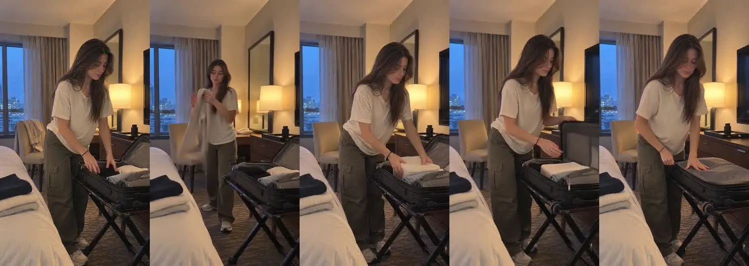 Five frames from the clip, left to right: Maya · one_take · repack luggage rack evening