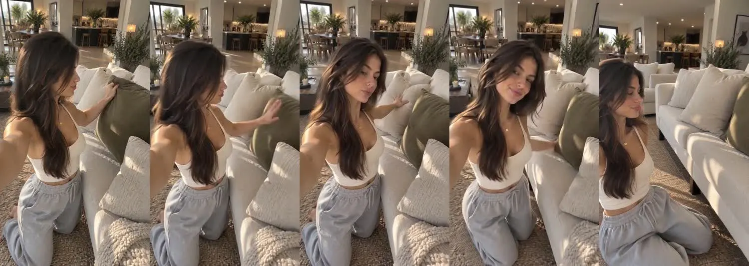 Five frames from the clip, left to right: Iris · one_take · sofa cushions