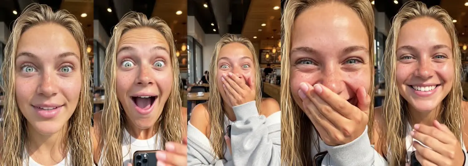 Five frames from the clip, left to right: Ava · Stunned laugh · Café table