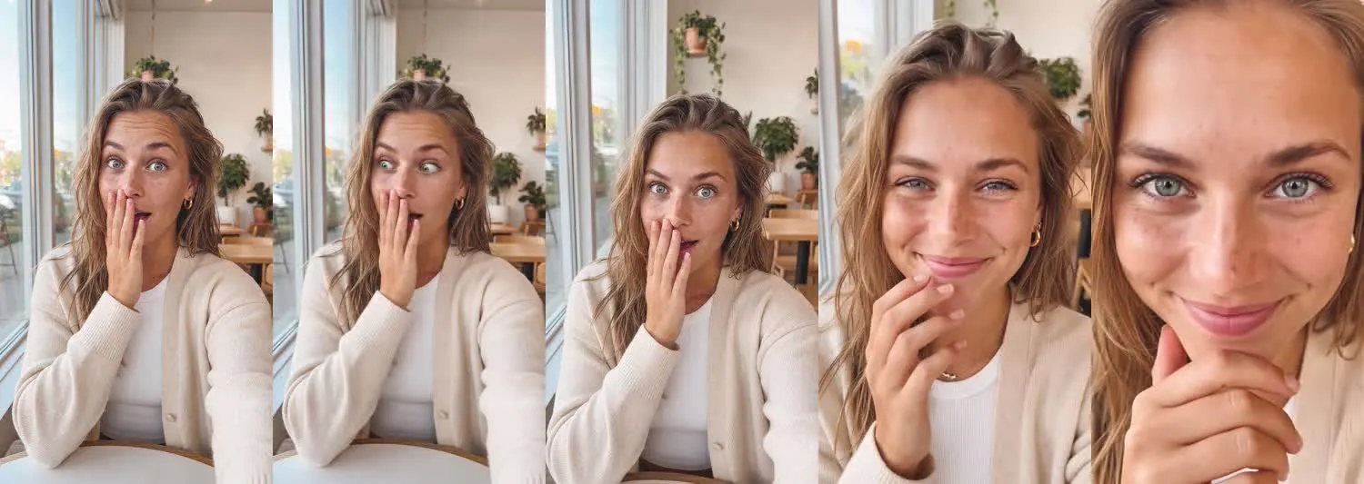 Five frames from the clip, left to right: Ava · Stunned laugh · Café table