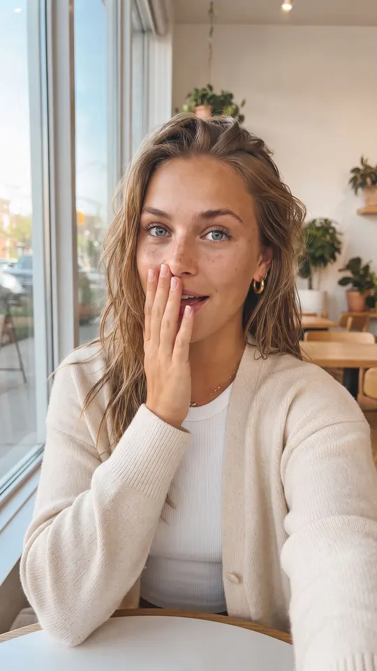 Ava · Stunned laugh · Café table