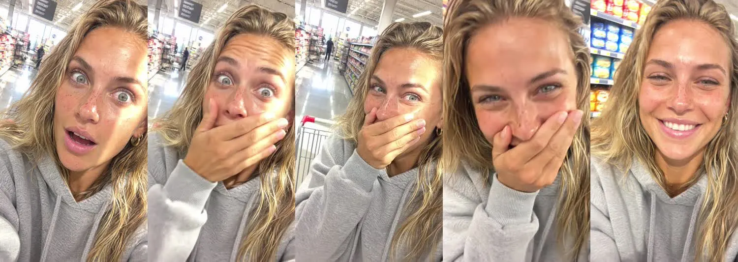 Five frames from the clip, left to right: Ava · Stunned laugh · Grocery aisle