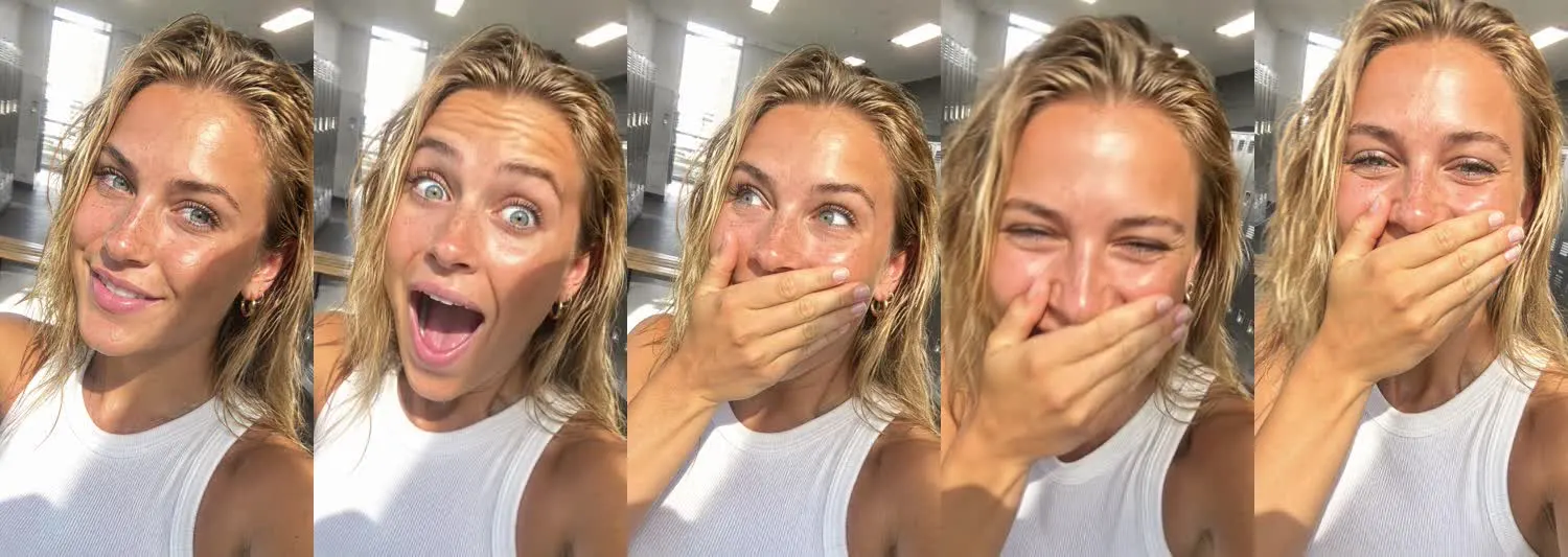Five frames from the clip, left to right: Ava · Stunned laugh · Gym locker room