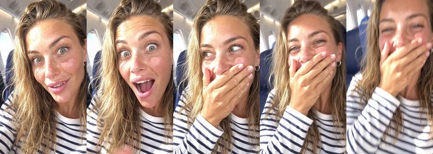 Five frames from the clip, left to right: Chloe · Stunned laugh · Airplane seat