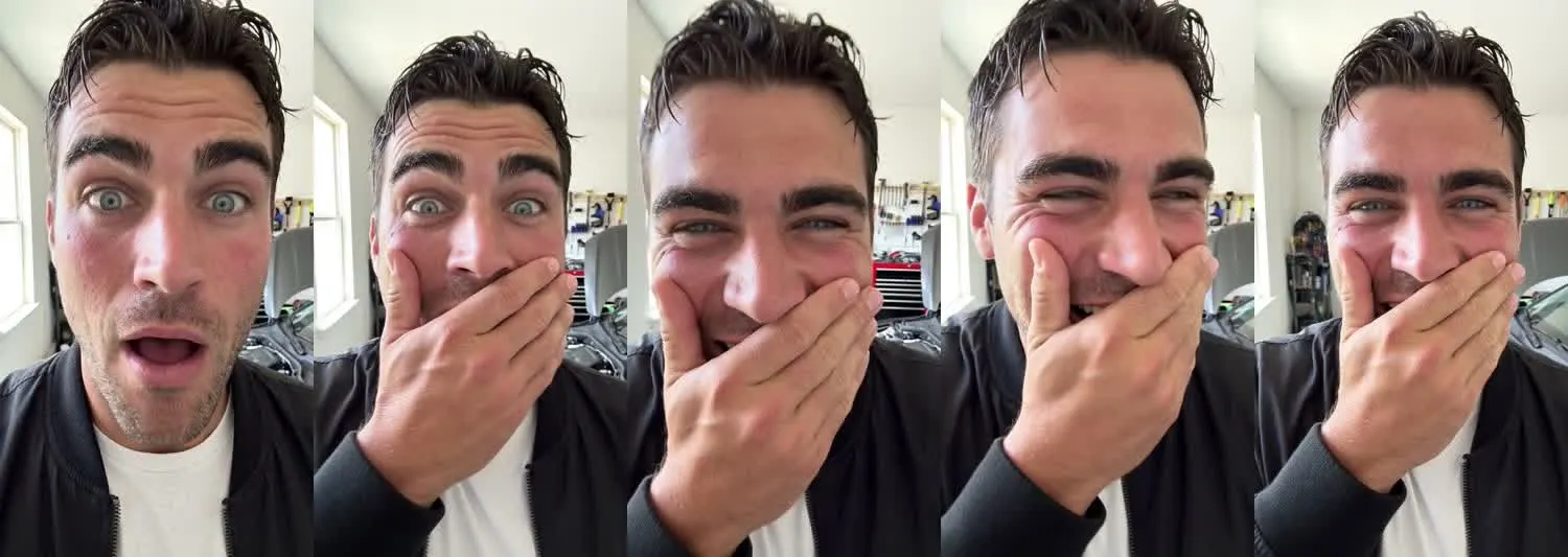 Five frames from the clip, left to right: Jake · Stunned laugh · Garage workshop