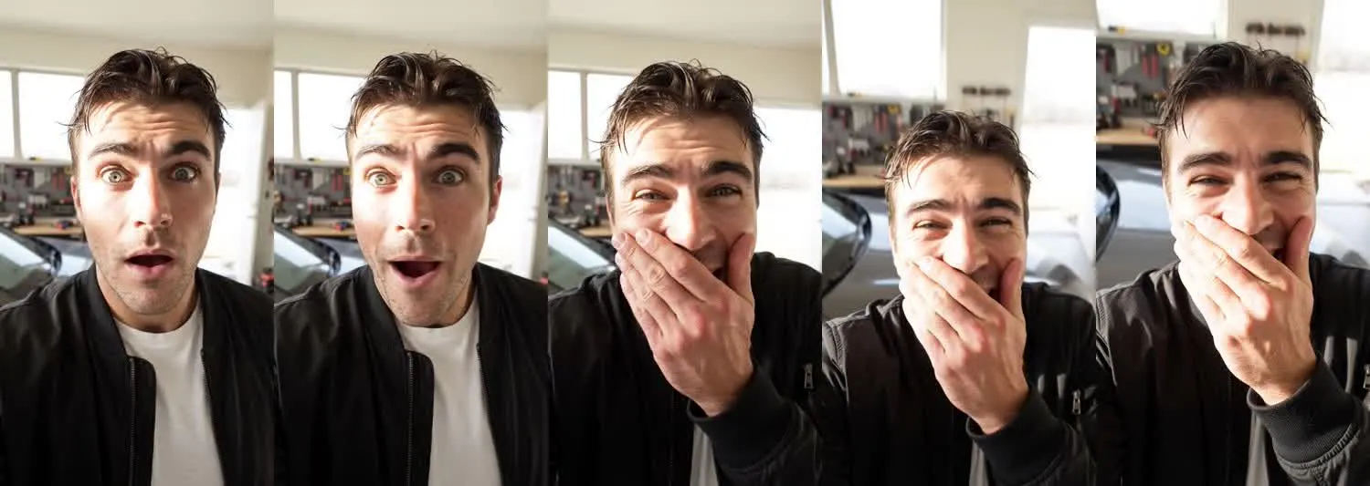 Five frames from the clip, left to right: Jake · Stunned laugh · Garage workshop