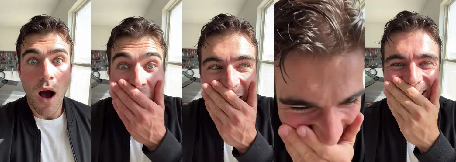 Five frames from the clip, left to right: Jake · Stunned laugh · Garage workshop