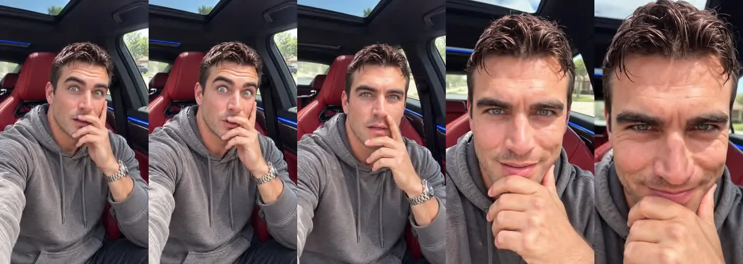 Five frames from the clip, left to right: Jake · Stunned laugh · Luxury car interior