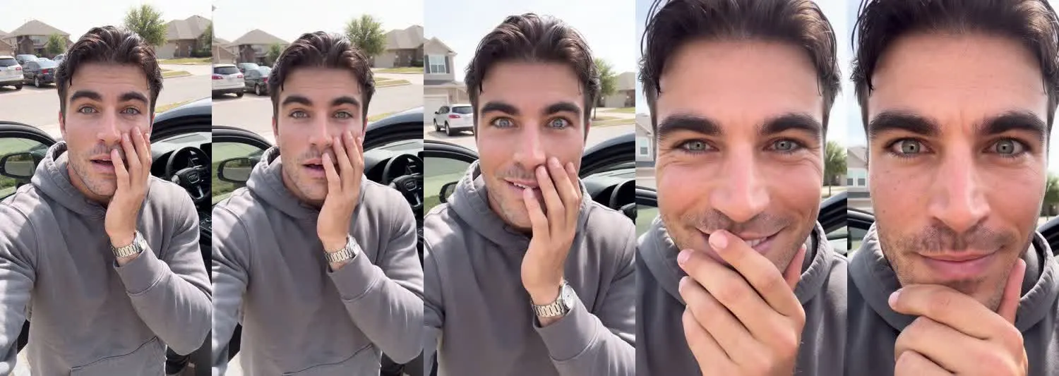Five frames from the clip, left to right: Jake · Stunned laugh · Parking lot