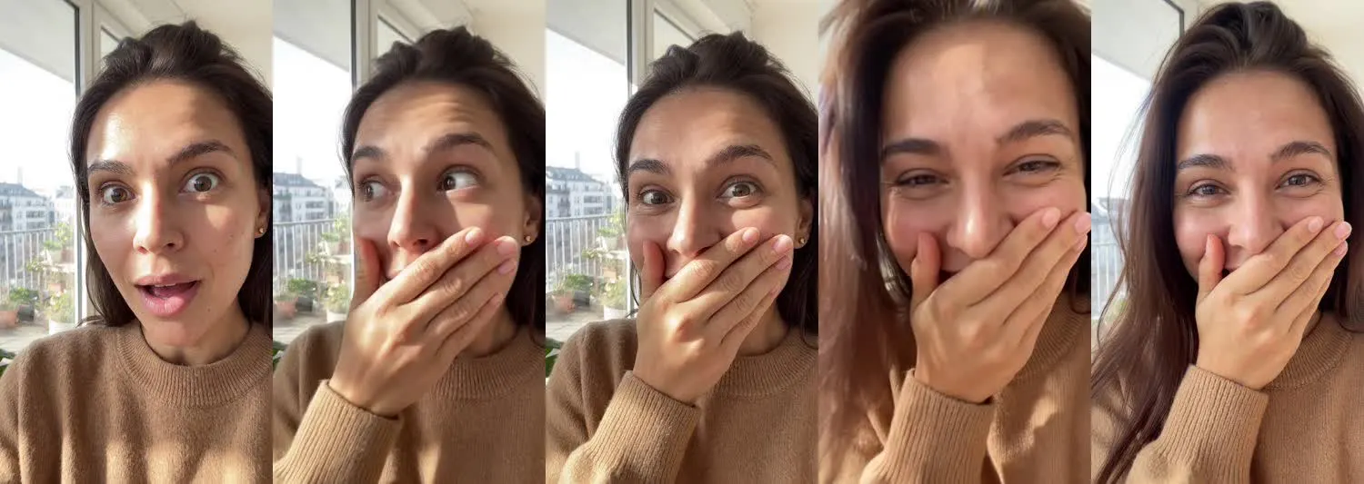 Five frames from the clip, left to right: Mia · Stunned laugh · Balcony