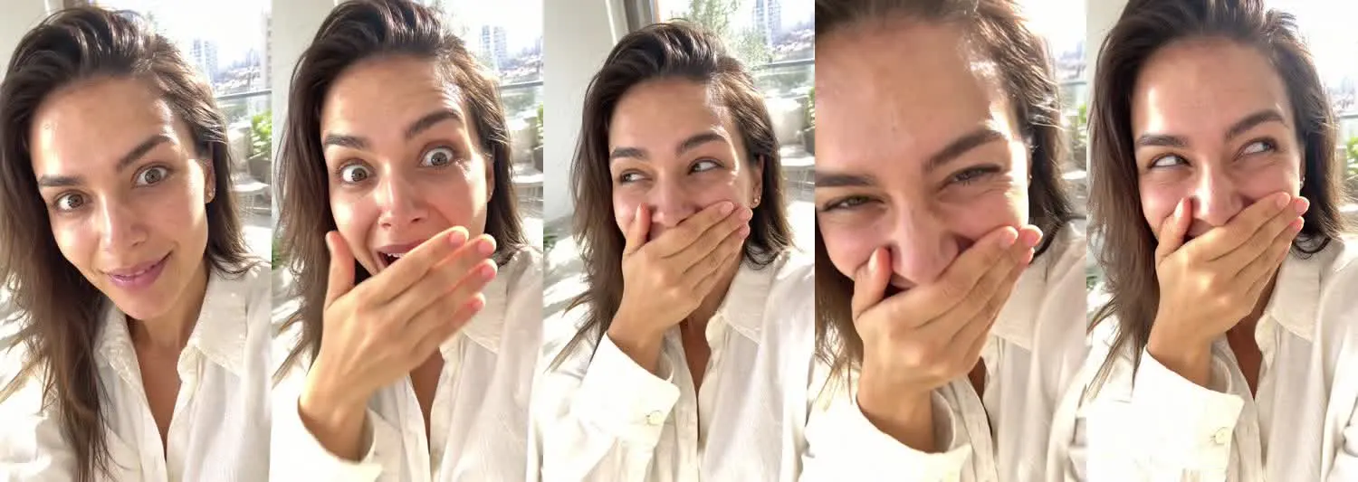 Five frames from the clip, left to right: Mia · Stunned laugh · Balcony