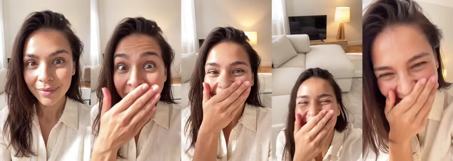 Five frames from the clip, left to right: Mia · Stunned laugh · Sunlit living room