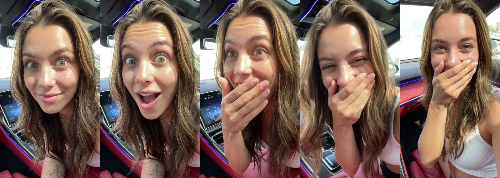 Five frames from the clip, left to right: Nova · Stunned laugh · Luxury car interior